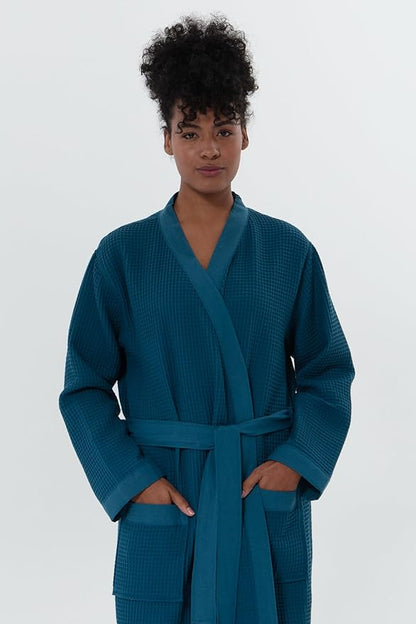 Women’s Luxury Waffle Shawl Collar, Hooded Robe w Piping – Lightweight, Long, Ultra Soft Spa Sleepwear Bathrobe