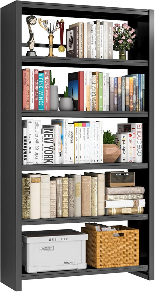 5 Tier Book Shelf, Metal Bookshelf, 69.3” Tall Black Bookcase, Free-Standing Industrial Bookshelves, Tools-Free Assembly Book Storage Organizer for Bedroom, Living Room, Office (Black)