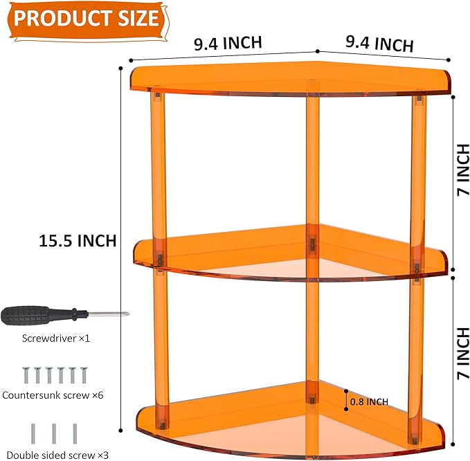 3 Tier Acrylic Corner Shelf Organizer Storage 9.5x9.5x15.7 Inch, Orange Countertop Corner Shelf for Bathroom, Kitchen, Bedroom, Office, Study Room