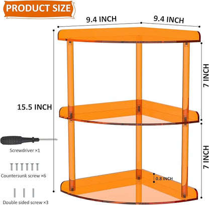3 Tier Acrylic Corner Shelf Organizer Storage 9.5x9.5x15.7 Inch, Orange Countertop Corner Shelf for Bathroom, Kitchen, Bedroom, Office, Study Room