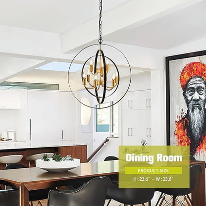 9-Light Globe Rustic Metal Chandelier, 23.6" Black Gold Adjustable Hanging Ceiling Pendant Light Fixture for Entryway Foyer Stairway Bedroom Dining Living Room Hallway