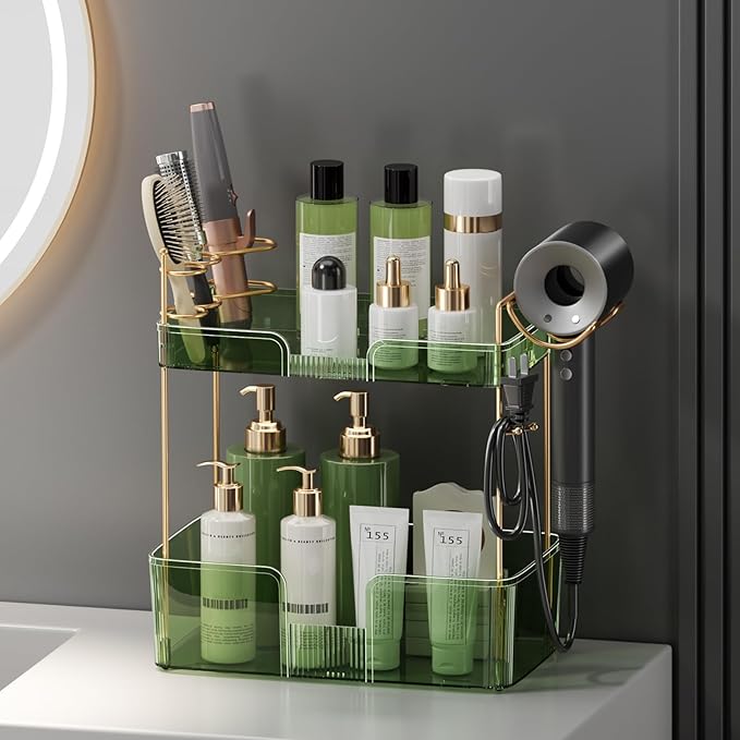 Bathroom Counter Organizer with Hair Dryer Holder, Hair Tool Countertop Storage, Cosmetics Skincare Shelf Organizer, Makeup Organizer Perfume for Dresser Vanity Tray(2 Tier-Green)