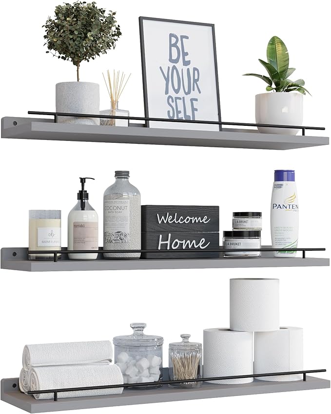 WOPITUES Floating Shelves 24 inch with Black Metal Guardrail, Shelves for Wall Decor Set of 3, Wall Shelves for Bedroom, Bathroom, Kitchen, Living Room, Plants, Picture Frames, Art- Grey