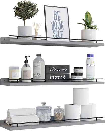 WOPITUES Floating Shelves 24 inch with Black Metal Guardrail, Shelves for Wall Decor Set of 3, Wall Shelves for Bedroom, Bathroom, Kitchen, Living Room, Plants, Picture Frames, Art- Grey