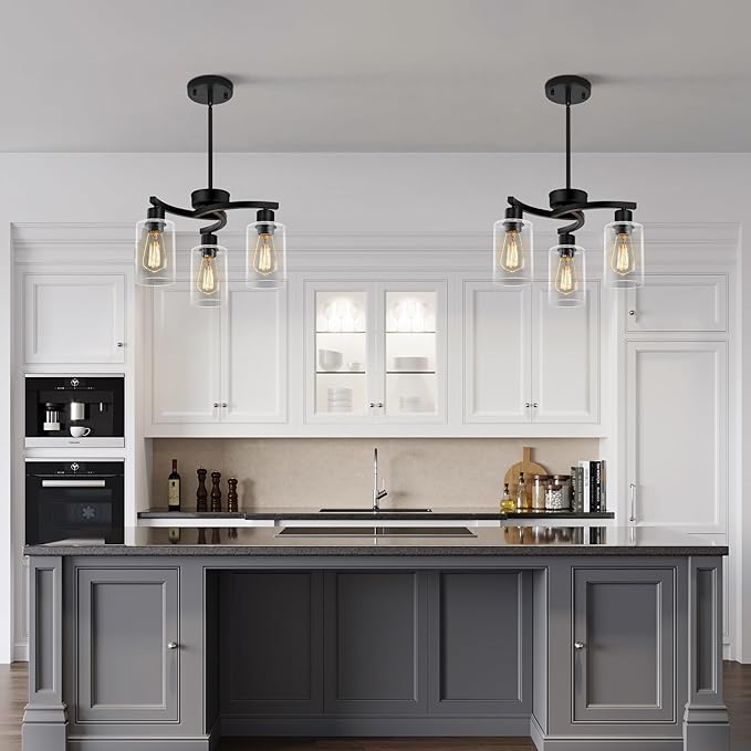 3-Light Modern Farmhouse Black Pendant Lights Kitchen Island, Adjustable Height Contemporary Chandeliers for Dining Room Light Fixture Hanging, Clear Glass Shade