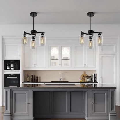 3-Light Modern Farmhouse Black Pendant Lights Kitchen Island, Adjustable Height Contemporary Chandeliers for Dining Room Light Fixture Hanging, Clear Glass Shade