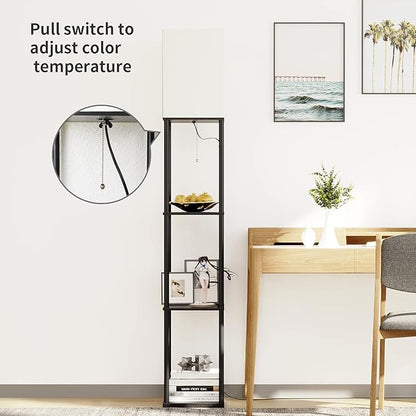 SUNMORY Floor Lamp with Shelves, Modern Square Standing Lamp with 3 Color Temperature Bulb, Corner Display Bookshelf Lamp for Living Room and Bedroom(Black)