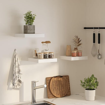 Square Floating Shelves for Wall, 12" W x 12" D x 1.2" H, Small Wooden Wall Mounted Display Shelves with Invisible Brackets for Living Room, Bedroom, Bathroom, Kitchen Decor, Set of 3, White