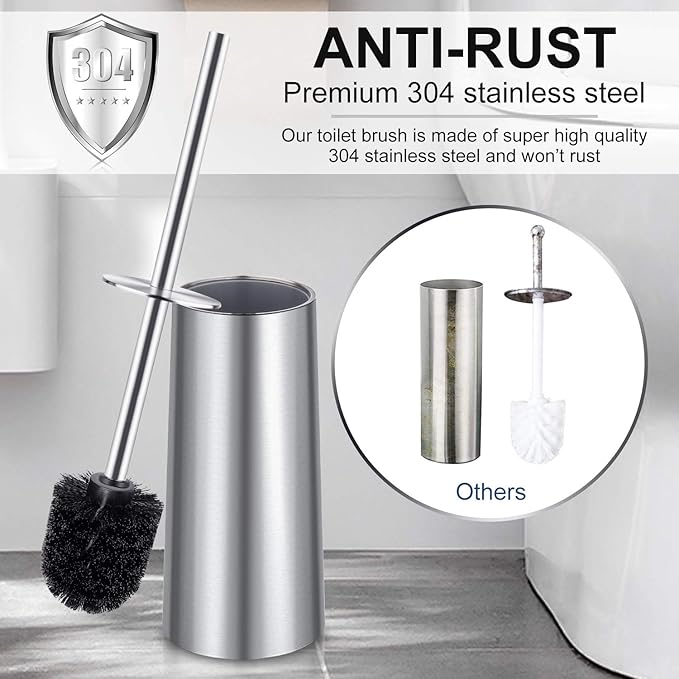 Toilet Brush and Holder, 2 Pack Toilet Brush with 304 Stainless Steel Long Handle, Toilet Bowl Brush for Bathroom Toilet-Ergonomic, Elegant,Durable (Silver)