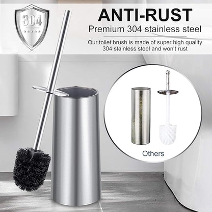 Toilet Brush and Holder, 2 Pack Toilet Brush with 304 Stainless Steel Long Handle, Toilet Bowl Brush for Bathroom Toilet-Ergonomic, Elegant,Durable (Silver)