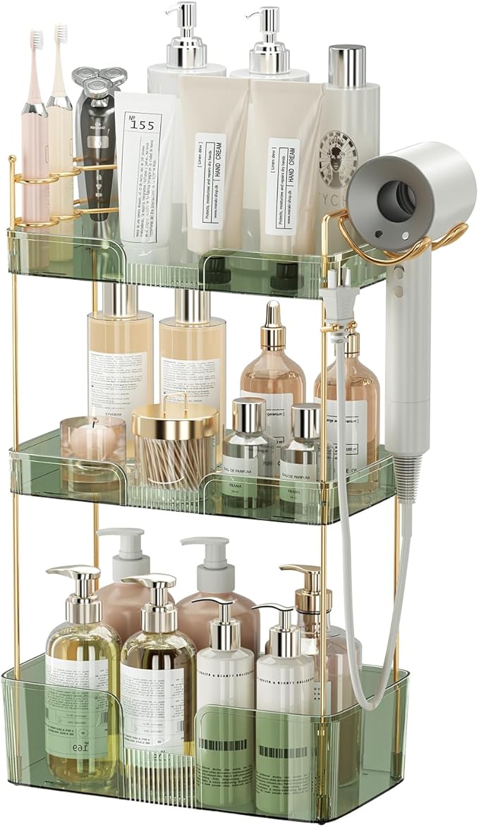 Bathroom Counter Organizer with Hair Dryer Holder, Hair Tool Countertop Storage, Cosmetics Skincare Shelf Organizer, Makeup Organizer Perfume for Dresser Vanity Tray(3 Tier-Green)