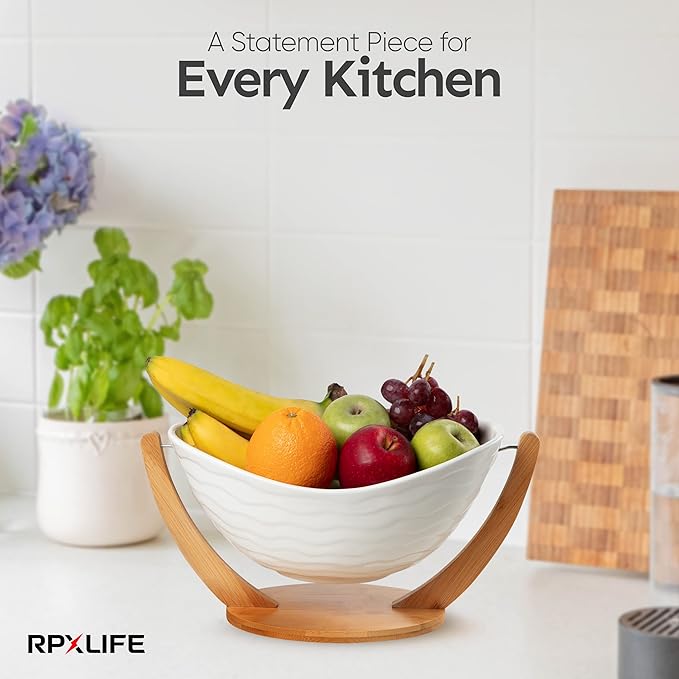 Ceramic Fruit Bowl for Kitchen Counter - 13" Modern Fruit Holder - Large Fruit Basket for Island - Large Decorative Bowl for Home Decor - Pedestal Bowl - Entryway Bowl for Keys - Extra Large