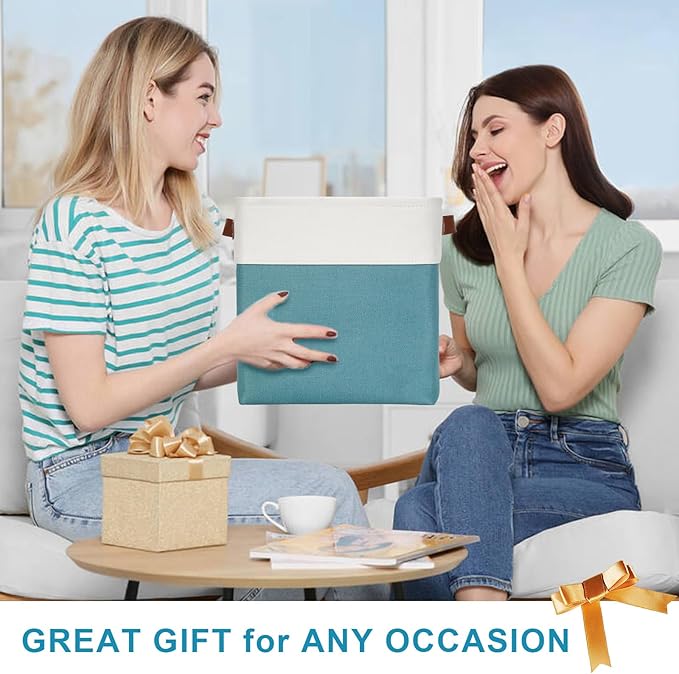 Collapsible Fabric Storage Cubes 11x11 Cube Storage Bins, 4 Pack Closet Baskets Box with Handles for Organizing, Shelf, Toys, Clothes, Home, Office, Nursery (Teal&White)