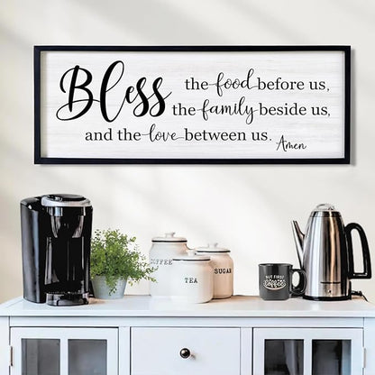 Bless the Food Before Us, the Family Beside Us, and the Love between us Framed Wall Art for Dining Room, 40''×15'' Holy Positive Religious Rustic Bible Verse for Christian God Jesus Christ Prayer