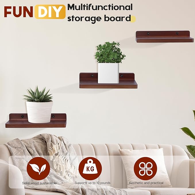 Small Floating Shelves for Wall,5x8.5 Inches Wall Shelf Set of 3,Display Shelf for Bedroom, Bathroom, Kitchen Decor (Dark Walnut)