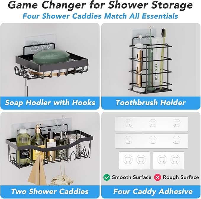 Black Bathroom Accessories Set with Shower Caddy-28PCS Black Bathroom Set with Shower Curtain, Rugs, Shower Curtain, Trash Can, Toilet Brush, Soap Dispenser and Toothbrush Set