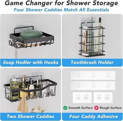 Black Bathroom Accessories Set with Shower Caddy-28PCS Black Bathroom Set with Shower Curtain, Rugs, Shower Curtain, Trash Can, Toilet Brush, Soap Dispenser and Toothbrush Set