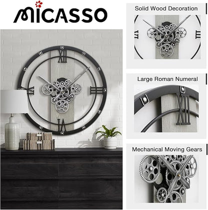 Micasso 24 inch Large Real Moving Gears Wall Clock: Black Industrial Steampunk Roman Numeral Clock - Modern Wall Decor for Living Room/Entryway/Office