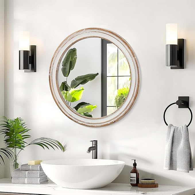 Round Bathroom Mirror for Vanity-Distressed Wood Circle Mirror, Farmhouse Entryway Mirror and Decorative Wall Mirrors for Living Room