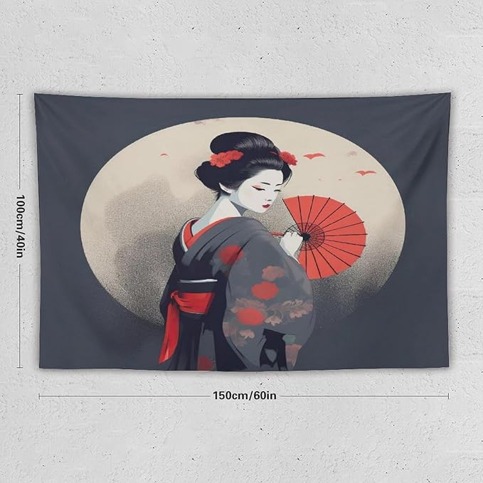 Japanese Woman Geisha Tapestry Asian Red Cherry Blossom Red Sun Traditional Kimono Folk Tapestries Home Decor for Living Room Bedroom Apartment Farmhouse Dorm 60"x40"