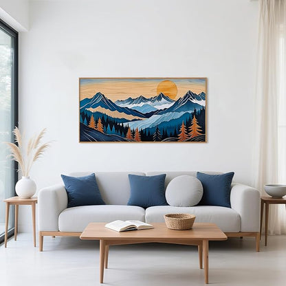 Blue Woodcut Mountain Framed Canvas Wall Art Set, Boho Abstract Ridge Wall Decor, Pine Tree Landscape Wall Painting, Sunrise Forest Art Print for Living Room, Bedroom, Office - 20"X40"