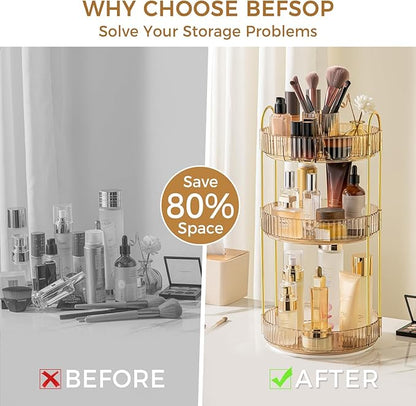 360° Rotating Makeup Organizer, Upgraded 3 Tier Skincare Perfume Organizers for Women, Bathroom Organizer Countertop, Clear Cosmetic Dresser Organizer with Makeup Brush Holder, Sink&Counter(Amber)