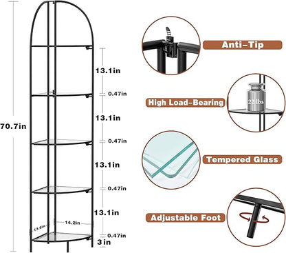 Crofy Foldable 5 Tier Corner Shelf, Metal Corner Plant Stand with Black Frame and Transparent Shelves, Corner Display Rack Multipurpose Shelving Unit for Living Room, Bedroom, Bathroom