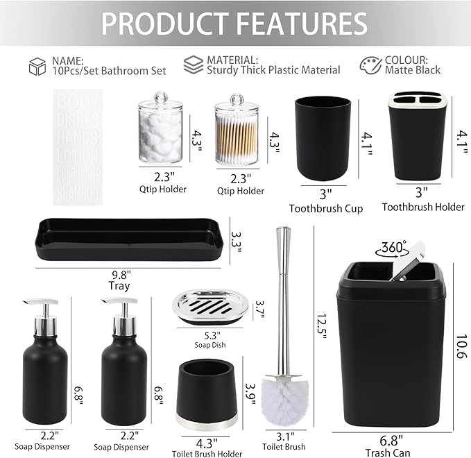 Black Bathroom Accessories Set - 10 Piece Bathroom Set with Trash Can and Toilet Brush, Soap Dispenser, Toothbrush Holder and Cup, Soap Dish, and Qtip Holder, for Housewarming Gift