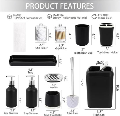 Black Bathroom Accessories Set - 10 Piece Bathroom Set with Trash Can and Toilet Brush, Soap Dispenser, Toothbrush Holder and Cup, Soap Dish, and Qtip Holder, for Housewarming Gift