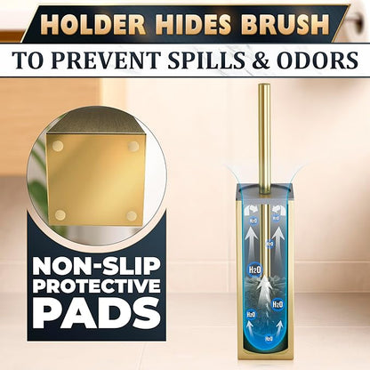 Stainless Steel Toilet Brush and Holder Set Gold & Square Design - Corrosion and Scratch-Resistant Gold Toilet Brush and Holder Set with Splash Protection - for Deep & Effective Bathroom Cleaning