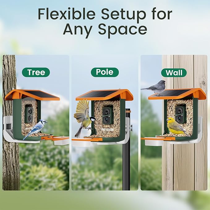 Smart Bird Feeder with Camera, Seamlessly Integrated Solar Panel Birdwatching Camera with SD Card, Lifetime Free AI Identify Bird Species&Auto Video Capture, House Warming Gifts with Greeting Card
