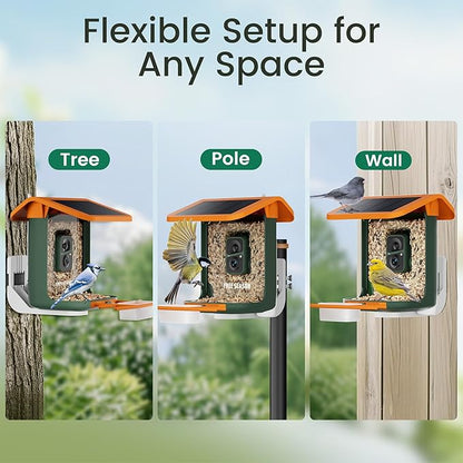 Smart Bird Feeder with Camera, Seamlessly Integrated Solar Panel Birdwatching Camera with SD Card, Lifetime Free AI Identify Bird Species&Auto Video Capture, House Warming Gifts with Greeting Card