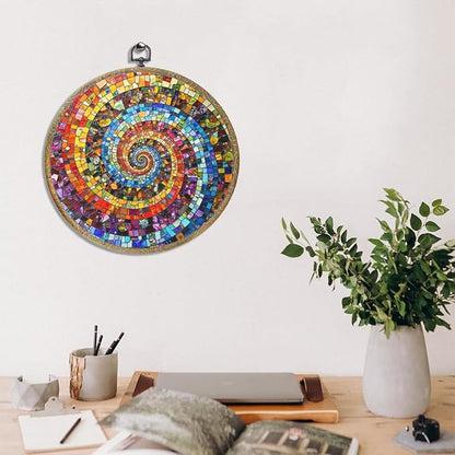 Colorful Glass Style Colorful Geometric Decoration Gift for Art Lovers Framed Round Wall Decor Canvas Wall Art Hanging Prints Artwork for Home Nursery Bedroom Living Room Decorations 10.2X10.2 Inch