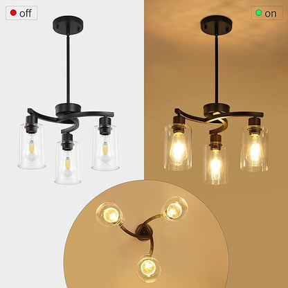 3 Light Modern Dining Chandeliers Over Table，Black Light Fixture for Dining Room，Farmhouse Chandelier with Glass Shade，Industrial Pendant Lighting for Kitchen Island，Foyer,Hallway, Bedroom