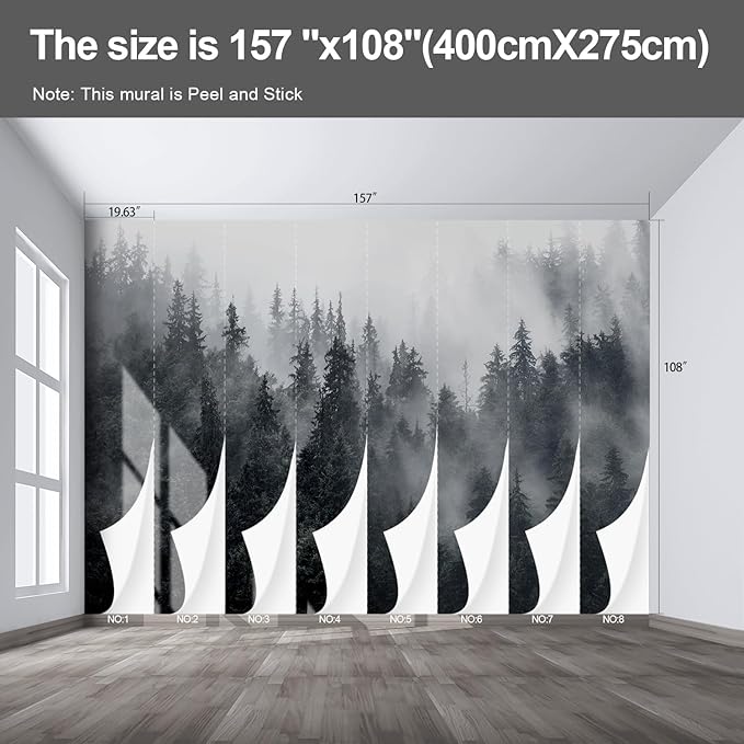Misty Forest Landscape Wall murals Woodland Tree Peel and Stick Wallpaper for Bedroom Living Room - 108"x157"
