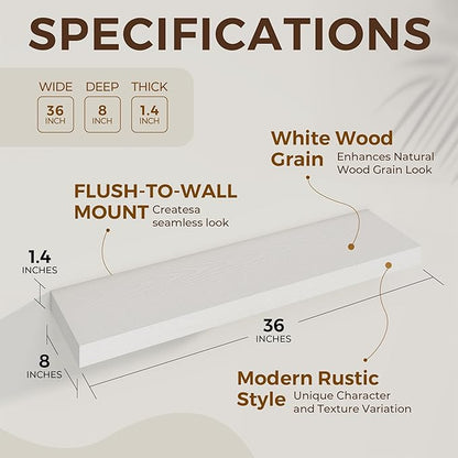36 inch Floating Shelves Wall Shelves for Office with Invisible Brackets, 8 inch Deep Shelves for Bathroom, Living Room, Kitchen, Office, 36x7.9 inch deep Set of 2, White
