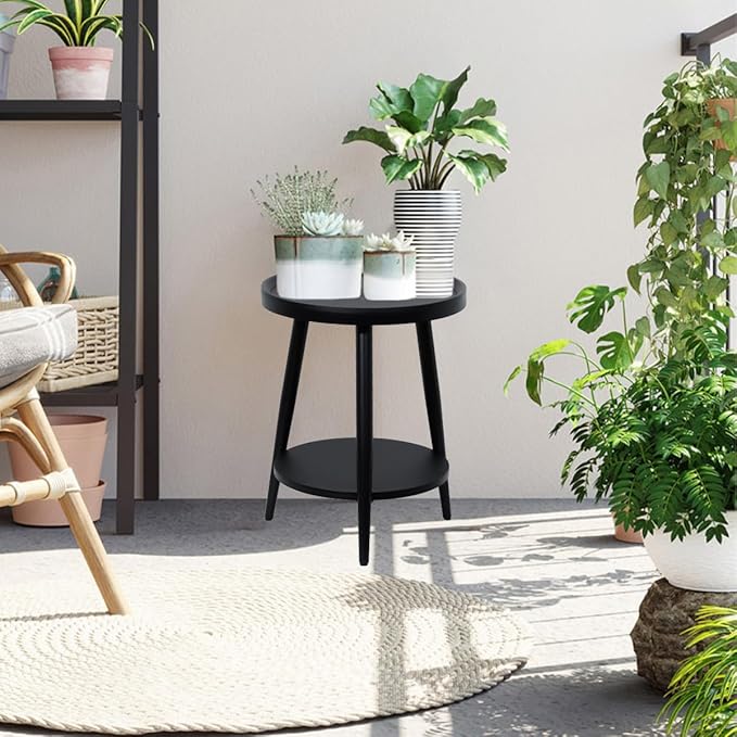 Small Round Side Table, 2-Tier Mid Century Modern Side Table, Round End Table Small Side Table for Living Room, Metal Frames, Black