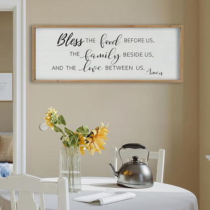 SRSZHIYUE Bless the Food Before Us Wall Sign Decor 40"×15" Christian Bible Verse for Farmhouse Rustic Kitchen Dining Room Framed Wood Scripture Religious Jesus Prayer Wall Art (Wood)