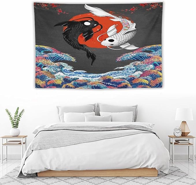 Houselerax Japanese Koi Fish Tapestries, Yin Yang Big Wave Cherry Blossom Tapestry Wall Hanging for Bedroom Living Room Office Decor 90"x60"