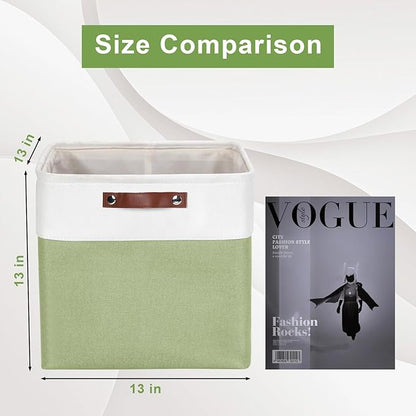 13x13 Cube Storage Bins, Collapsible Fabric Storage Box, 4 Pack Closet Baskets with Handles for Organizing, Shelf, Toys, Clothes, Home, Office, Nursery (Green&White)