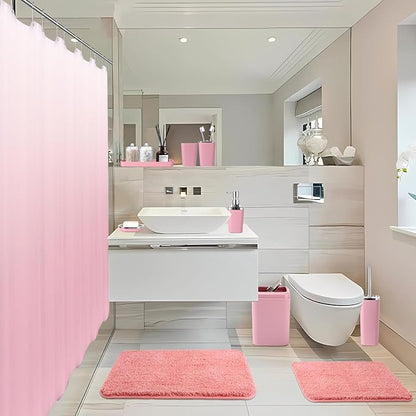 Bathroom Accessory Set–Bathroom Sets with Shower Curtain and Rugs, Non Slip Bathroom Rugs Super Absorbent, Pink Ombre Waterproof Shower Curtain with Hooks, Pink Bathroom Sets Complete for Home