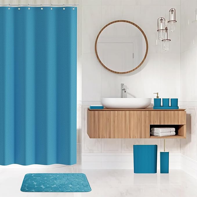 26PC Bathroom Accessories Set - Gorgeous Teal Bathroom Set, Bathroom Accessory Set, Shower Curtain Set with Bathtub Mats for Shower Tub,Trash Can & Soap Dispenser