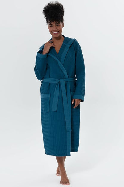 Women’s Luxury Waffle Shawl Collar, Hooded Robe w Piping – Lightweight, Long, Ultra Soft Spa Sleepwear Bathrobe