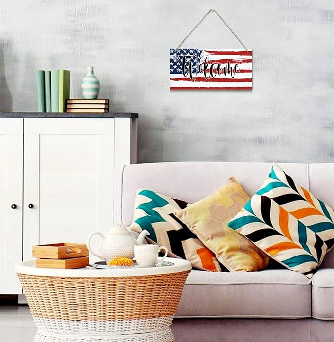 Welcome Decor Sign, Hanging Wood Sign Home Decorative, Printed Wood Wall Art Sign, American Flag Welcome Sign, Patriotic Home Decor, Front Door Decor Sign, Farmhouse Porch Wall Art Sign 12 * 6inch