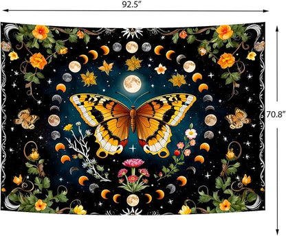 Delur Butterfly Moon Flower Tapestry Botanical Floral Plant Boho Tapestry Wall Hanging Mandala Aesthetic Mushroom Retro Vintage Headboard for Bedroom Living Room Home Decor (70.8" x 92.5")