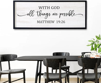 With God All Things are Possible Framed Wall Art, 40''×15'' Positive Holy Religious Rustic Bible Verse for Christian God Jesus Christ Prayer, Vintage Horizontal Inspirational Catholic Scripture Decor