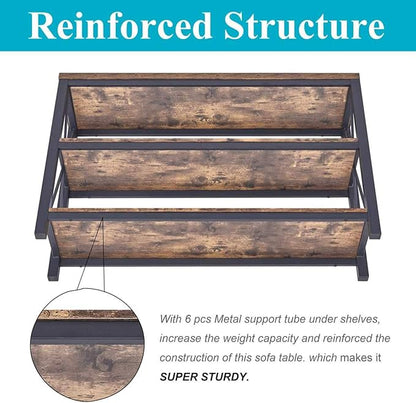 BON AUGURE Industrial Sofa Console Table for Entryway, 3 Tier Foyer Table for Hallway, Rustic Hall Tables Behind Couch (47 Inch, Rustic Brown)