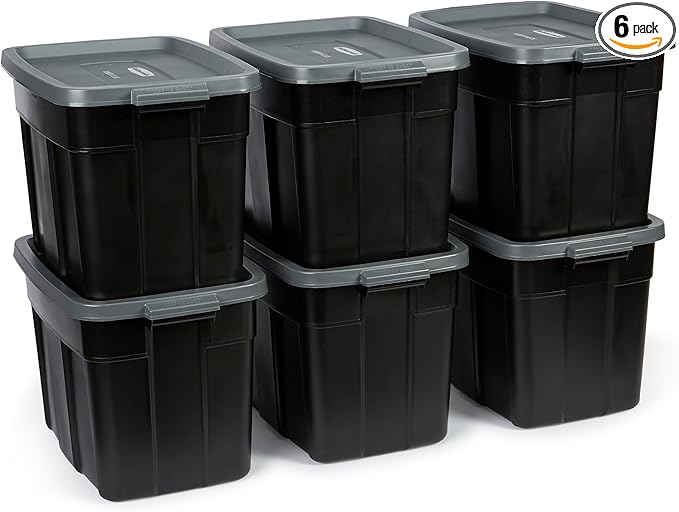 Rubbermaid Roughneck Tote 18 Gal, 6 Pack, Made in USA, Black & Gray, Rugged Plastic Stackable Storage Bins with Lids and Handles