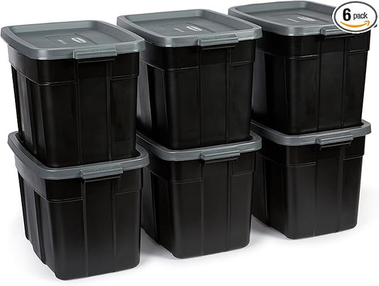 Rubbermaid Roughneck Tote 18 Gal, 6 Pack, Made in USA, Black & Gray, Rugged Plastic Stackable Storage Bins with Lids and Handles