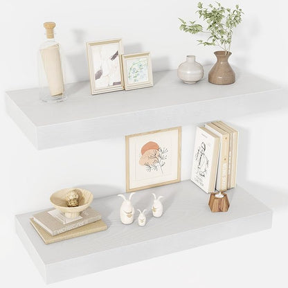 30 Inch Floating Shelves, 12" Deep Floating Shelf Wall Mounted, 30" Wall Shelves, Rustic Deep Bookshelf, Extra Deeper & Thicker Display Shelves for Bedroom, Living Room, White, Set of 2